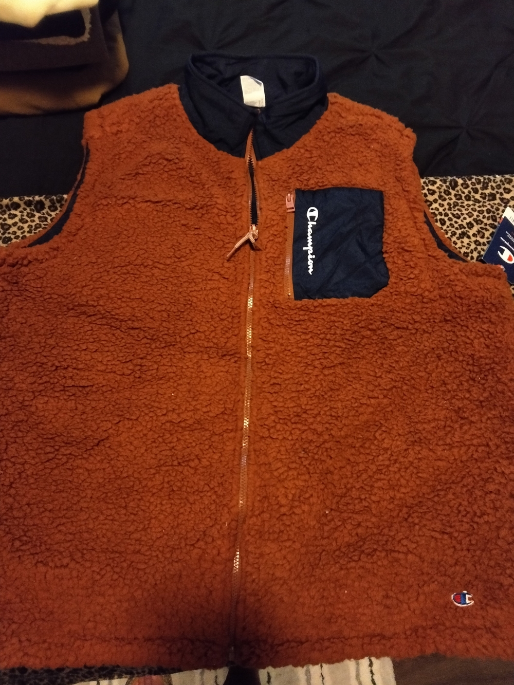Champion Men’s Brown Sherpa Fleece Full Zip Vest Stand-Up Collar Solid 2XL